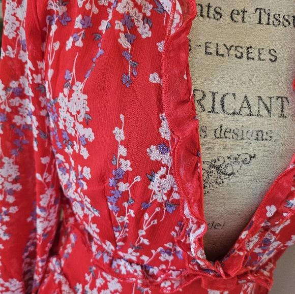 Red Floral Ruffle Open Back Dress M Medium Long Balloon Poof Sleeve - Picture 7 of 11